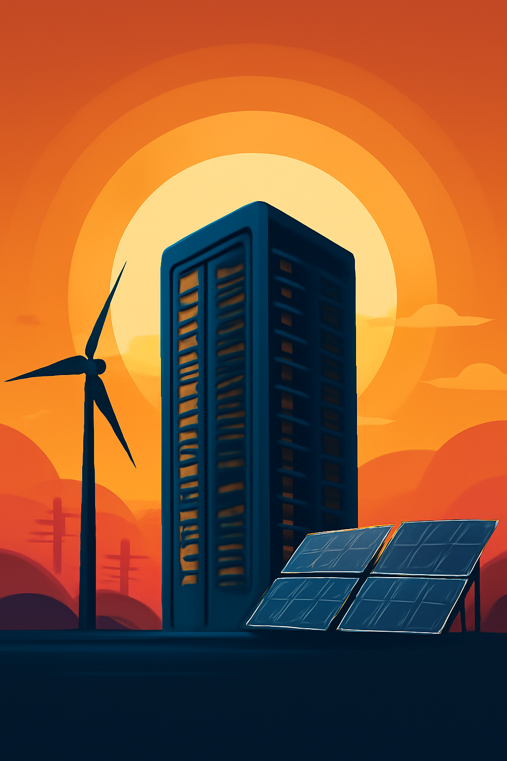 Futuristic data center with wind turbine and solar panels at sunset