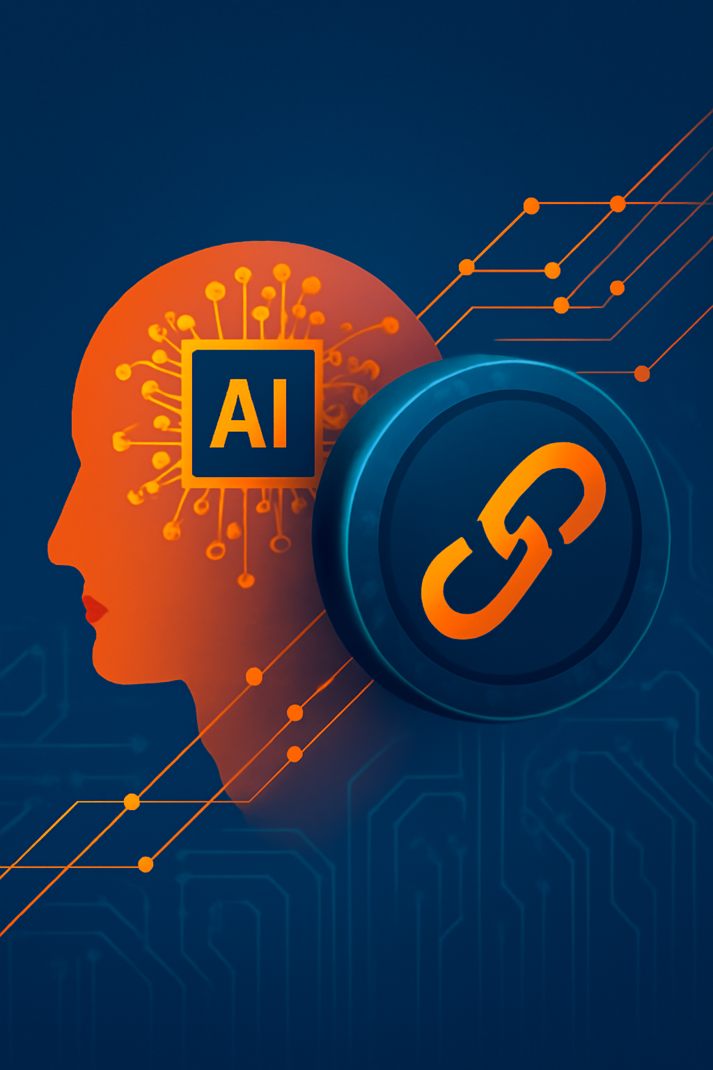 Digital illustration combining a human profile with an AI microchip and a blockchain coin connected by circuitry