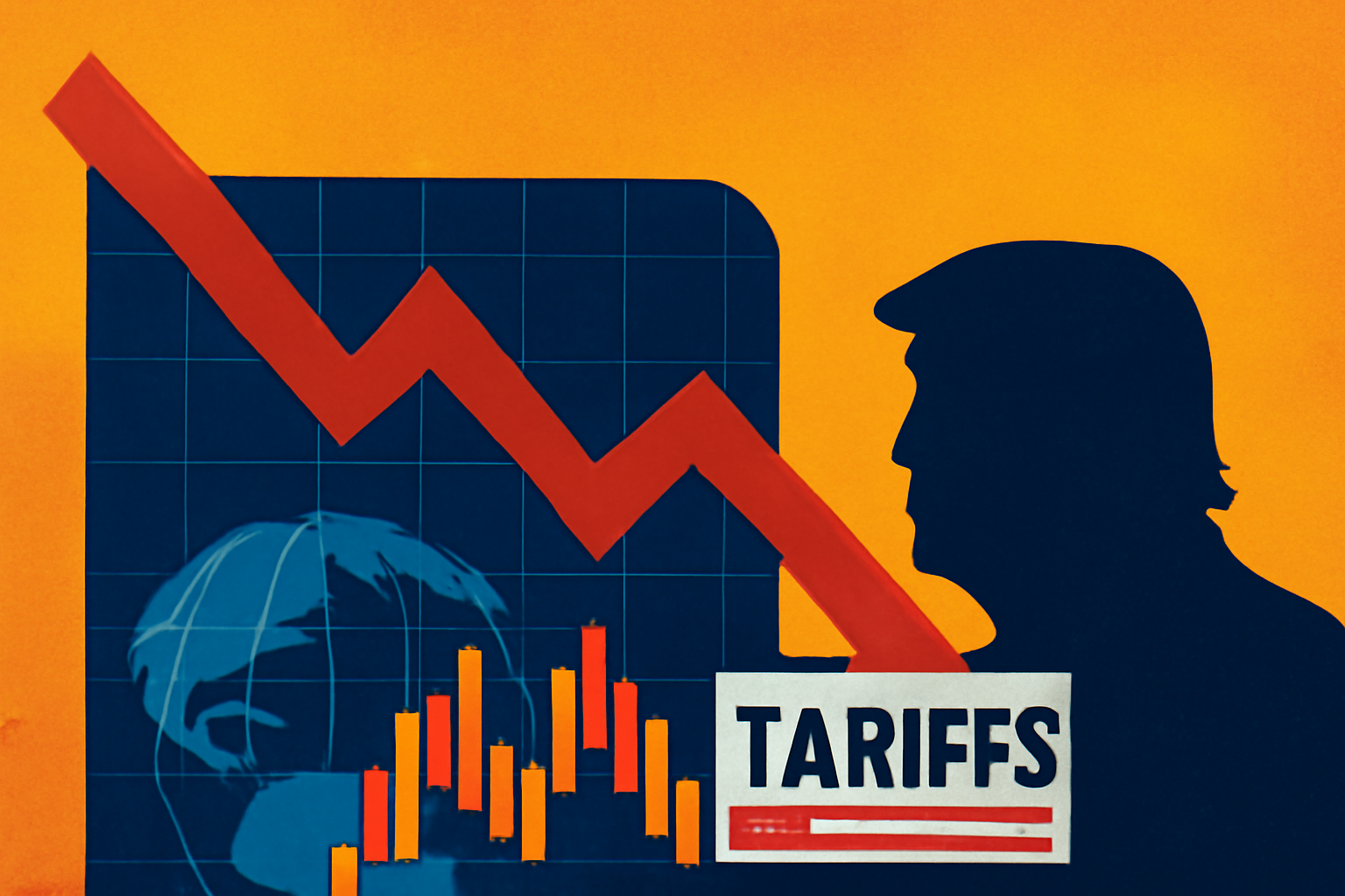 Illustration showing a downward red arrow on a global stock grid, financial candlesticks, and a silhouetted figure with “TARIFFS” signage