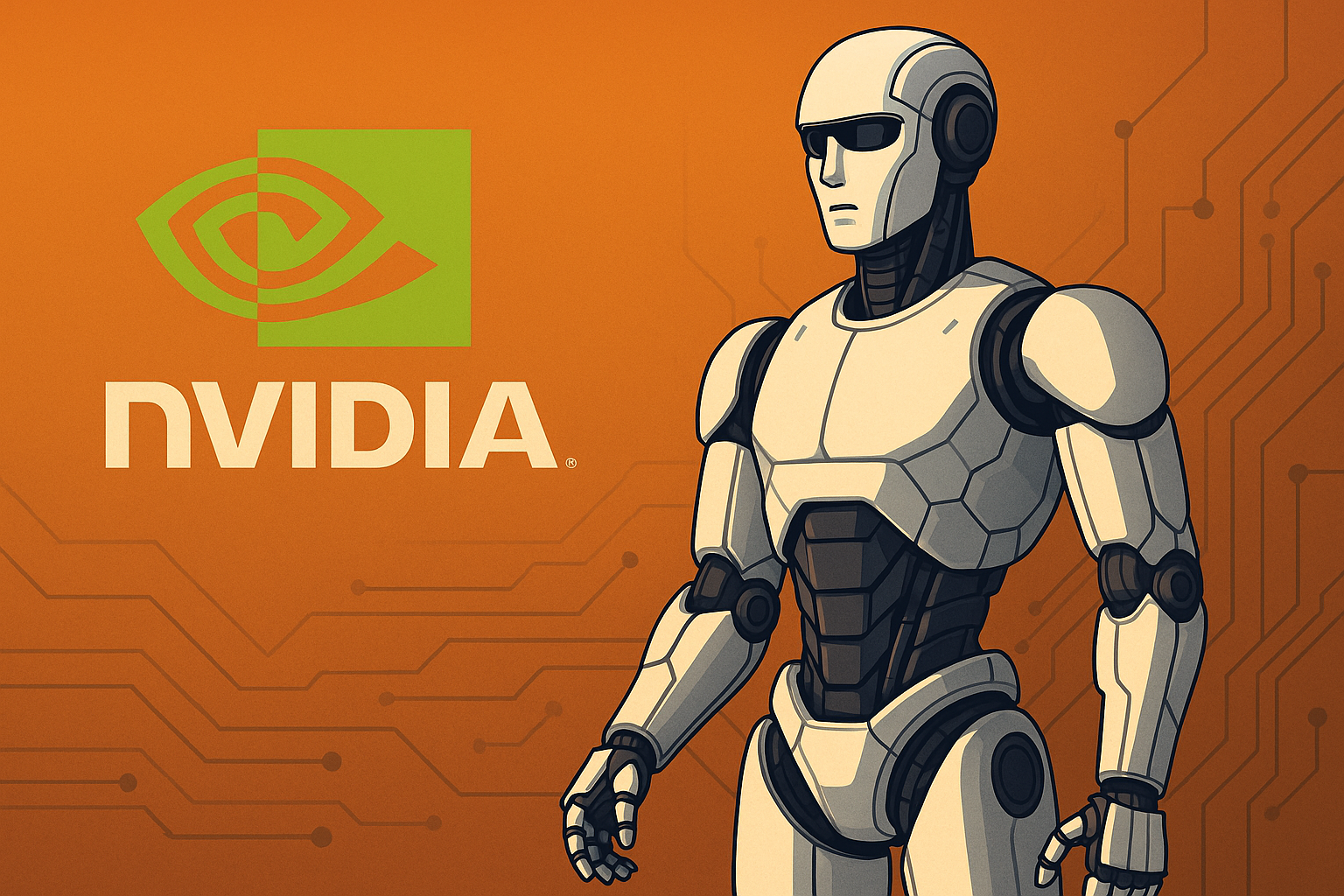 A humanoid robot standing beside the Nvidia logo on a tech-inspired orange background.
