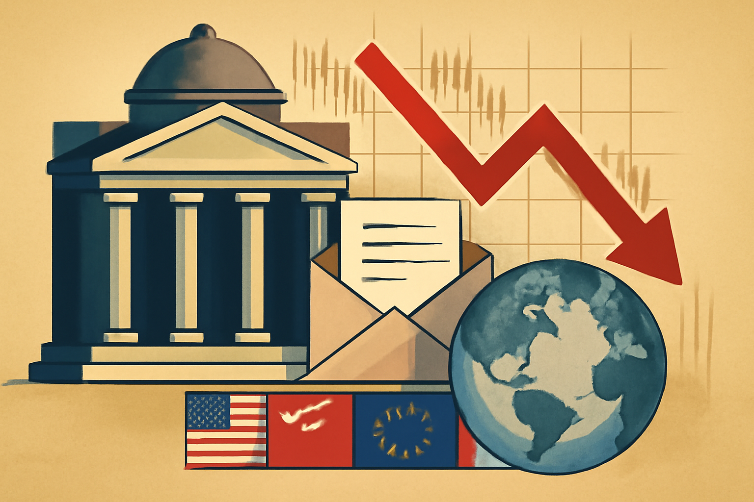 Illustration of a government building, a red downtrend arrow, an open letter, the Earth, and international flags symbolizing financial turmoil from trade policy changes.