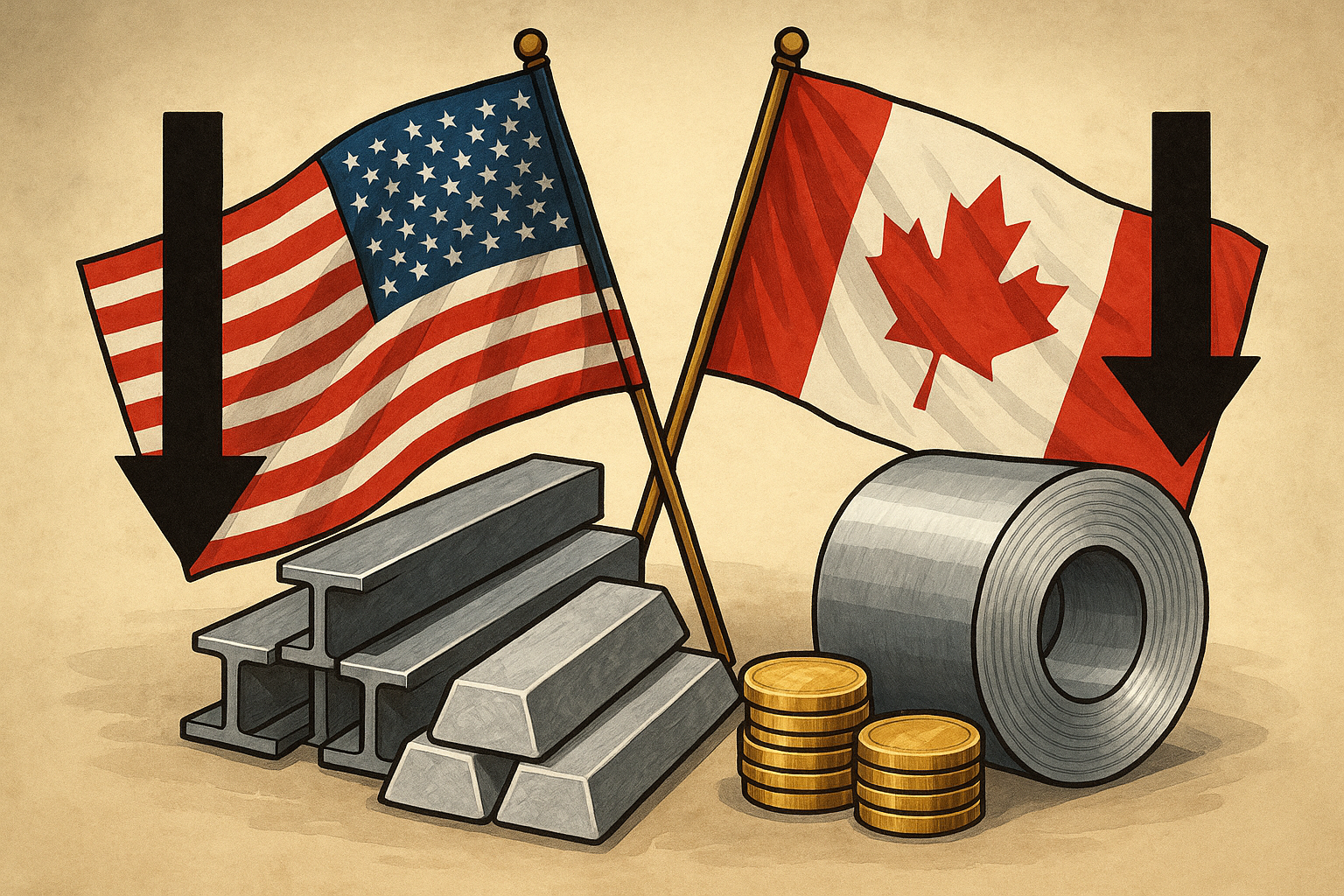 Illustration of U.S. and Canadian flags with steel and aluminum products, coins, and downward arrows symbolizing trade and tariff impacts.