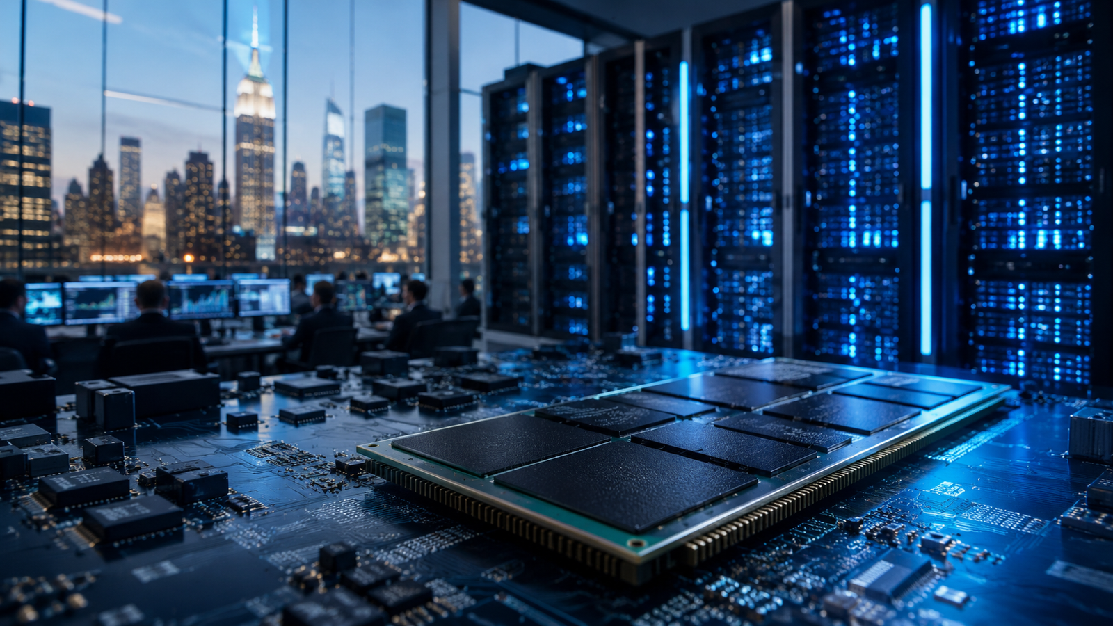 Close-up of advanced memory chips on a circuit board inside a modern data center, with server racks, analysts at monitors and a city skyline in the background.