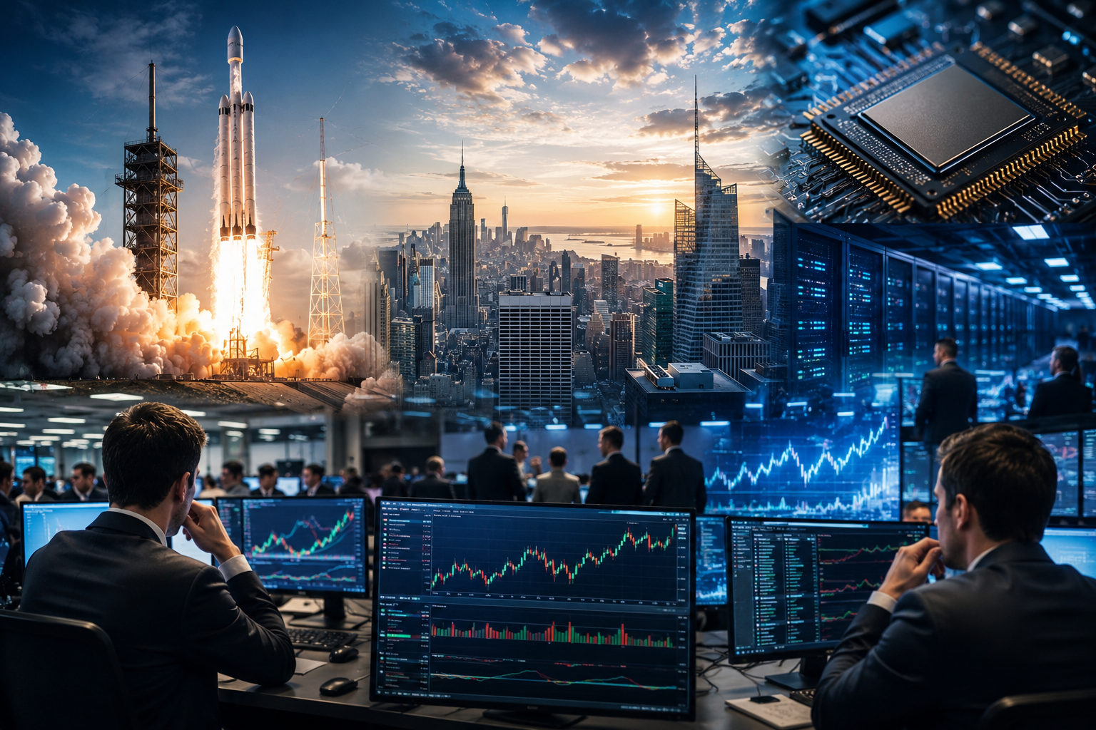 Traders monitor market charts in a high-tech financial office while a rocket launch, semiconductor chip, data center and city skyline symbolize space technology, AI infrastructure and major public listings.