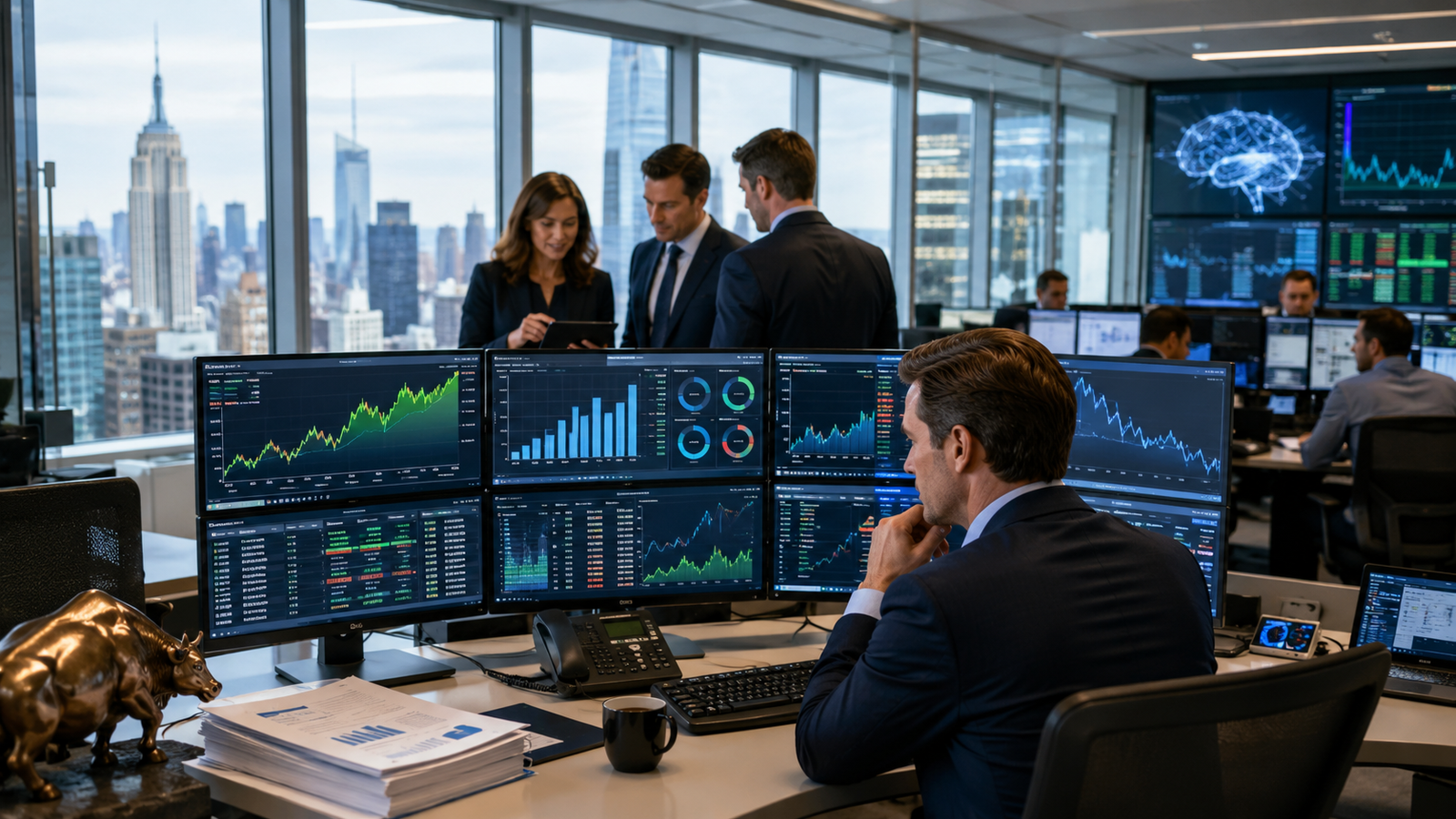 A Wall Street trading office with analysts reviewing stock charts, earnings reports and AI-related market data on multiple screens, with the New York skyline in the background.