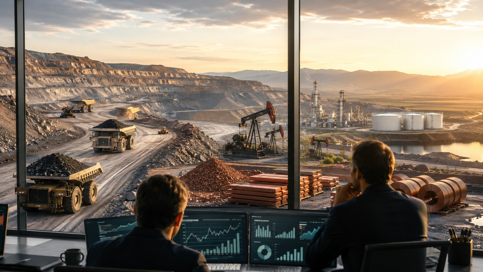 Mining executives review commodity market data from an office overlooking a large open-pit mine, oil pumps, fuel storage tanks and copper materials at sunrise.