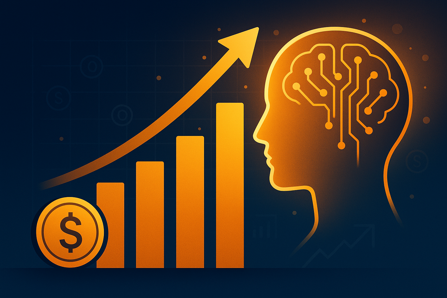 A glowing orange human head with neural circuits next to ascending bar graphs and a dollar coin, representing financial growth through AI.