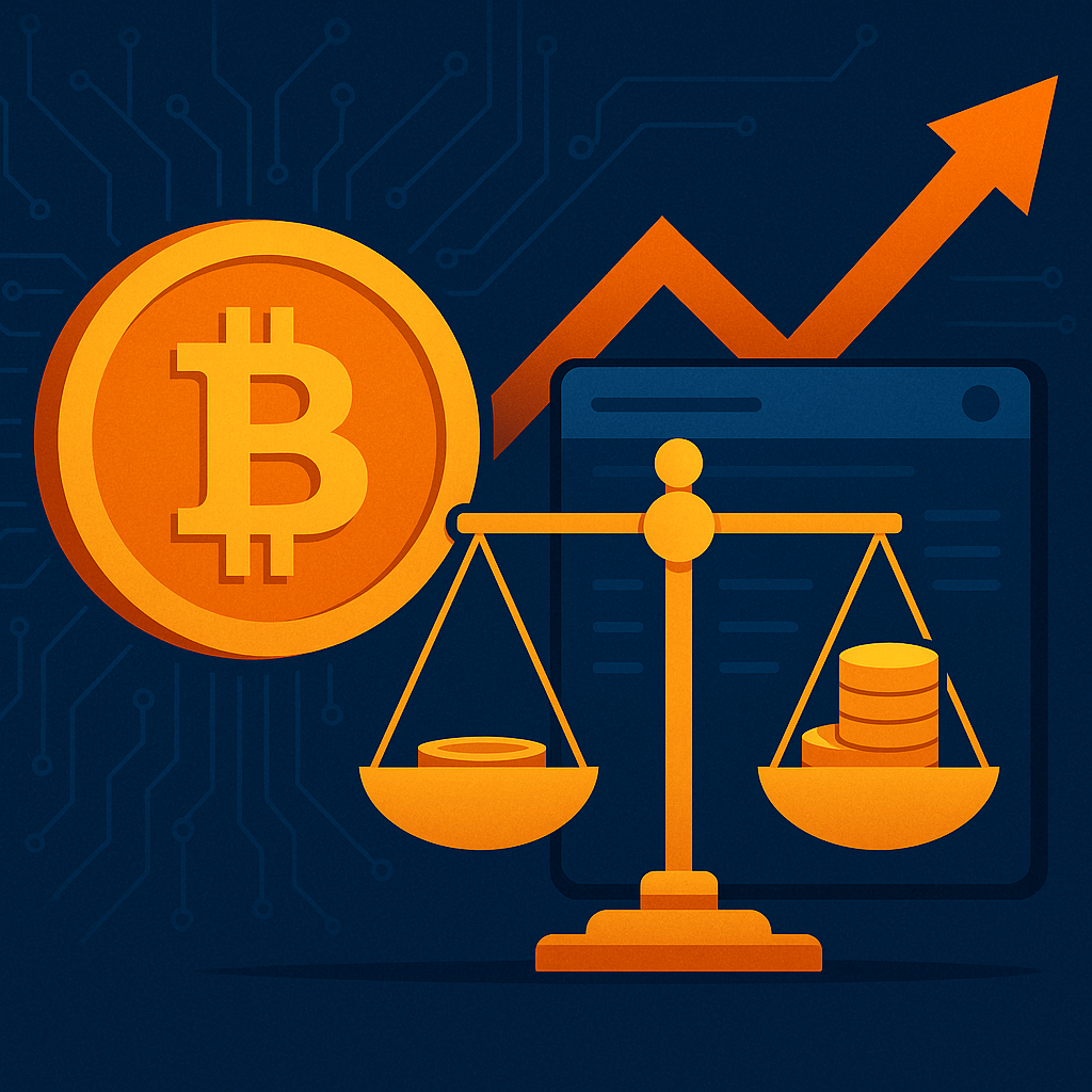A large orange Bitcoin symbol beside a golden balance scale and rising arrow, with a digital circuit background.