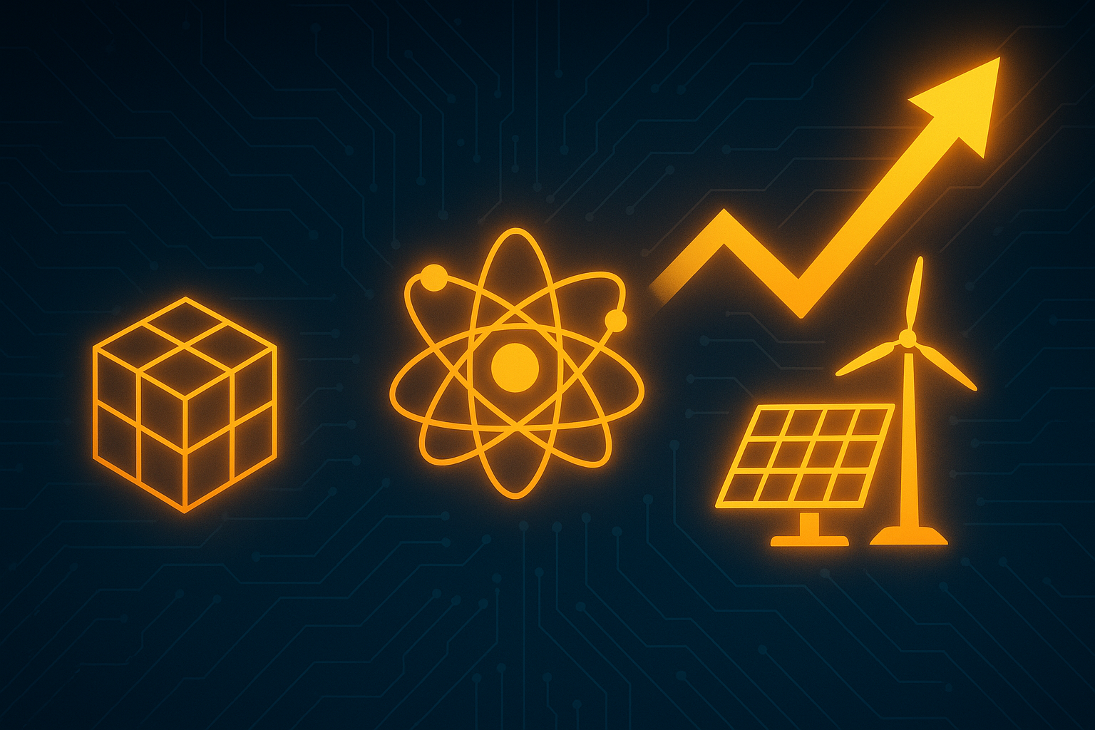 Glowing icons of a 3D cube, quantum atom, solar panel with wind turbine, and an upward arrow against a digital circuit background.