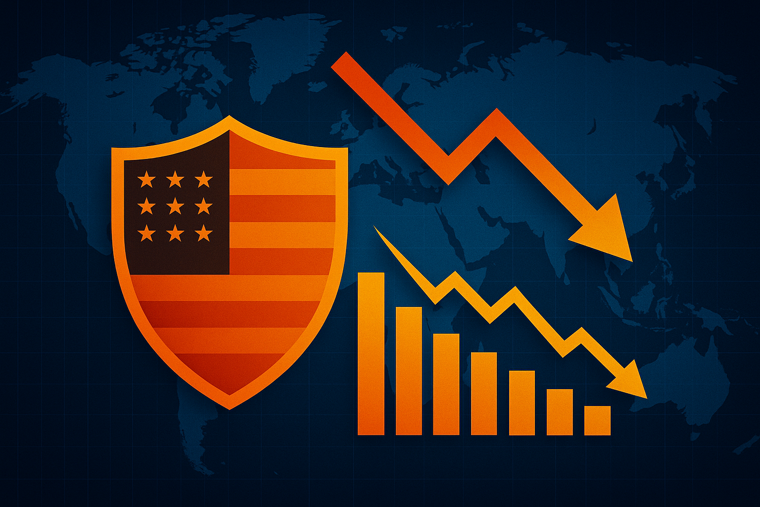 A stylized U.S. shield, downward arrows, and a falling stock chart over a blue world map backdrop.