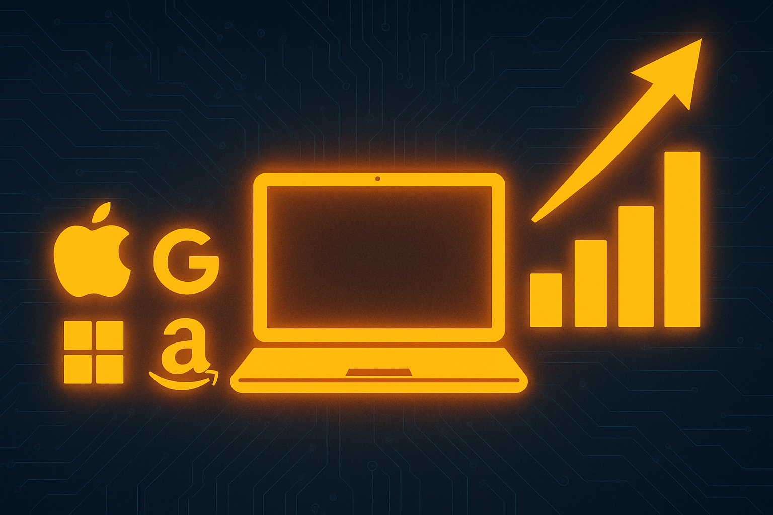 Glowing laptop with upward bar graph and tech company logos, set against a blue digital circuit background.