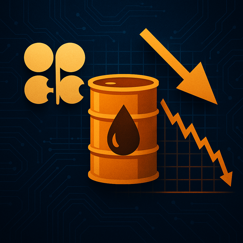 A symbolic illustration of an oil barrel, OPEC icon, and a downward arrow over a falling price graph, set on a blue digital backdrop.