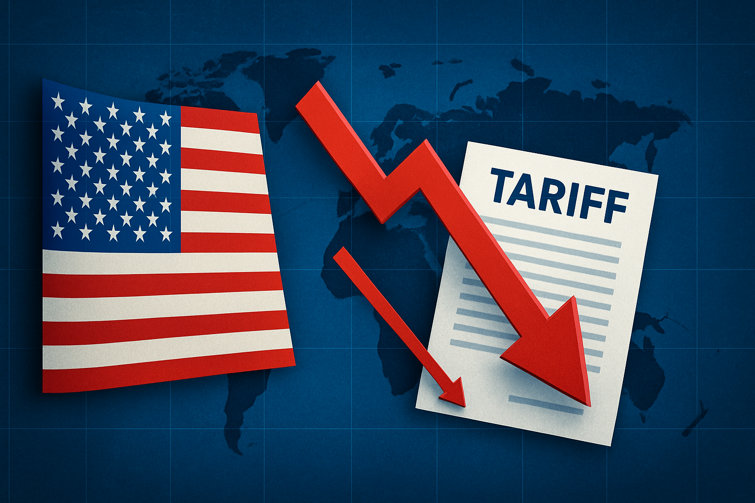 A U.S. flag, a tariff document, and a bold red downward arrow placed over a world map background.