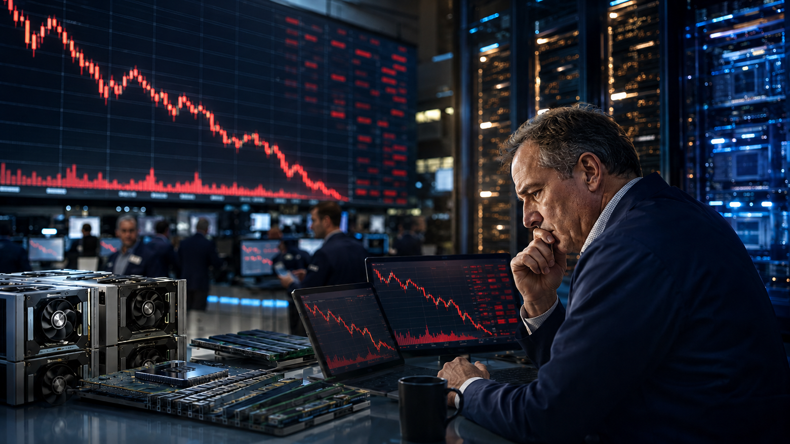 Concerned investor reviewing falling market charts beside AI semiconductor hardware and data center servers.