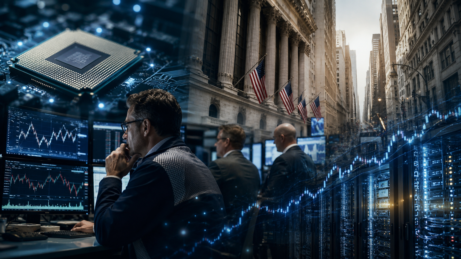 Traders analyze market charts on a modern trading floor with Wall Street architecture, AI chip imagery, and data center visuals representing earnings season and technology stock volatility.