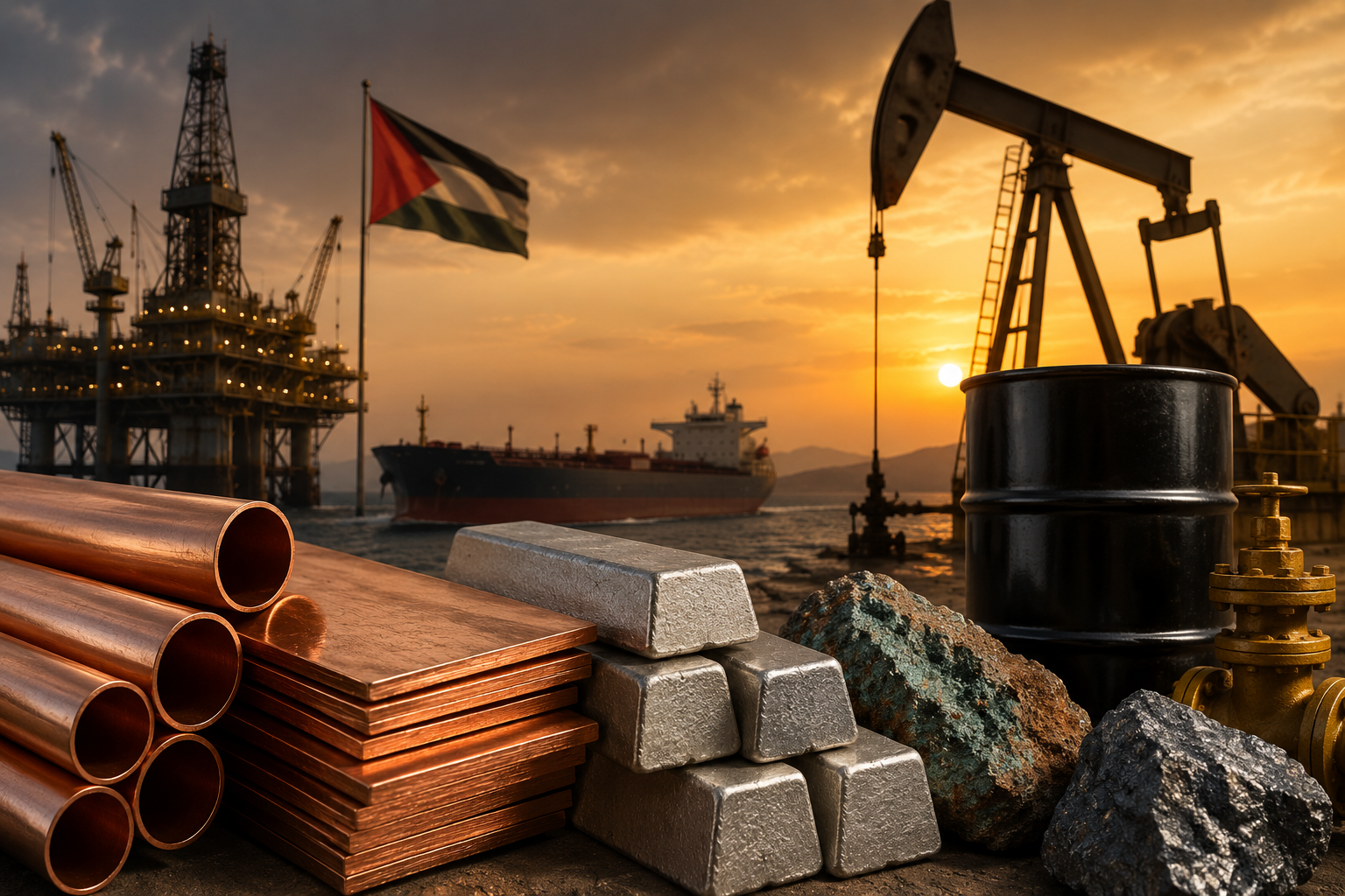 Oil infrastructure, a tanker ship, copper pipes, metal ingots, and raw mineral ore at sunset, symbolizing geopolitical risk, energy markets, and industrial metals supply concerns.