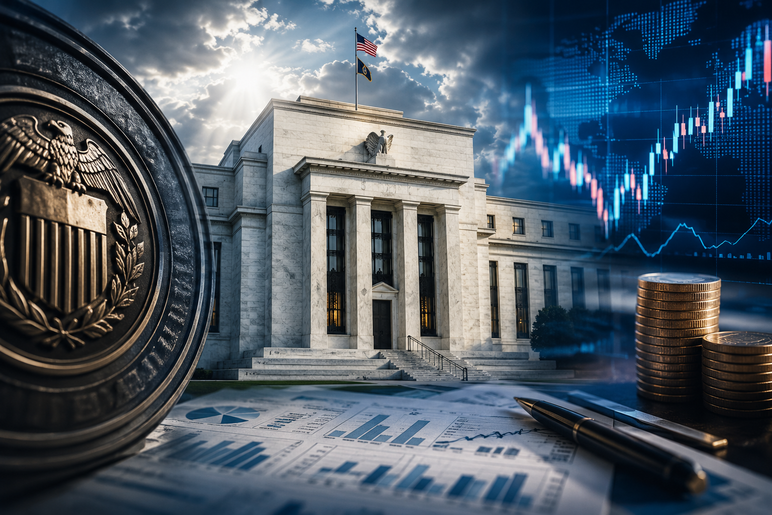 Federal Reserve-style building with financial charts, coins, policy documents, and market data visuals, symbolizing interest-rate decisions and their impact on Wall Street.