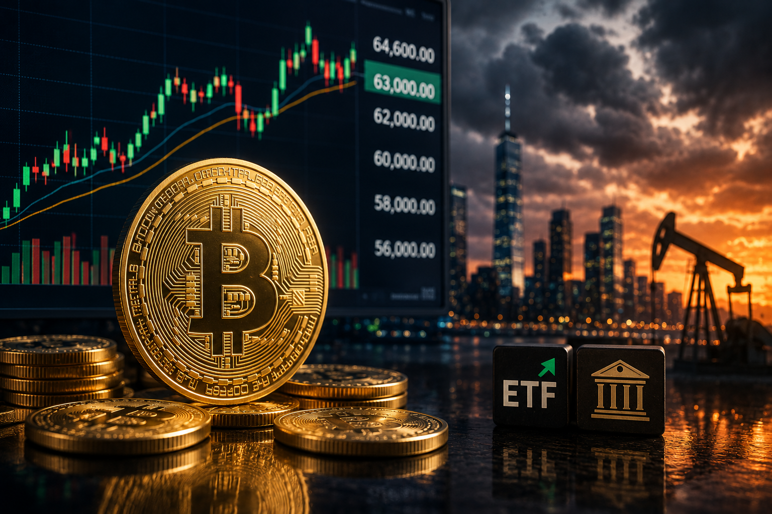 A large Bitcoin coin in front of market charts, ETF symbols, a financial skyline, and oil infrastructure under storm clouds, representing crypto demand, institutional investing, and geopolitical uncertainty.