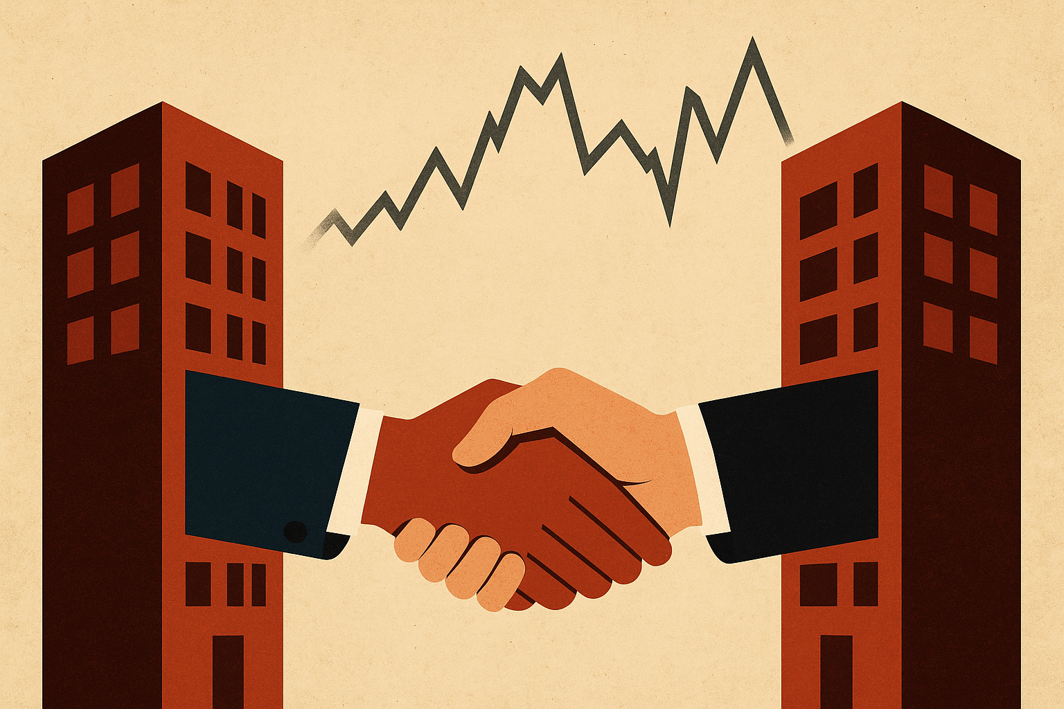 Illustration of two business buildings with extended hands shaking in the center, set against a jagged stock market graph on a beige background.