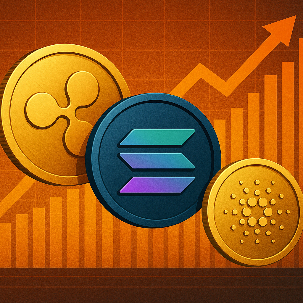 Illustration of XRP, Solana, and Cardano coins in front of an upward-trending orange bar chart with a growth arrow, symbolizing rising investor confidence.