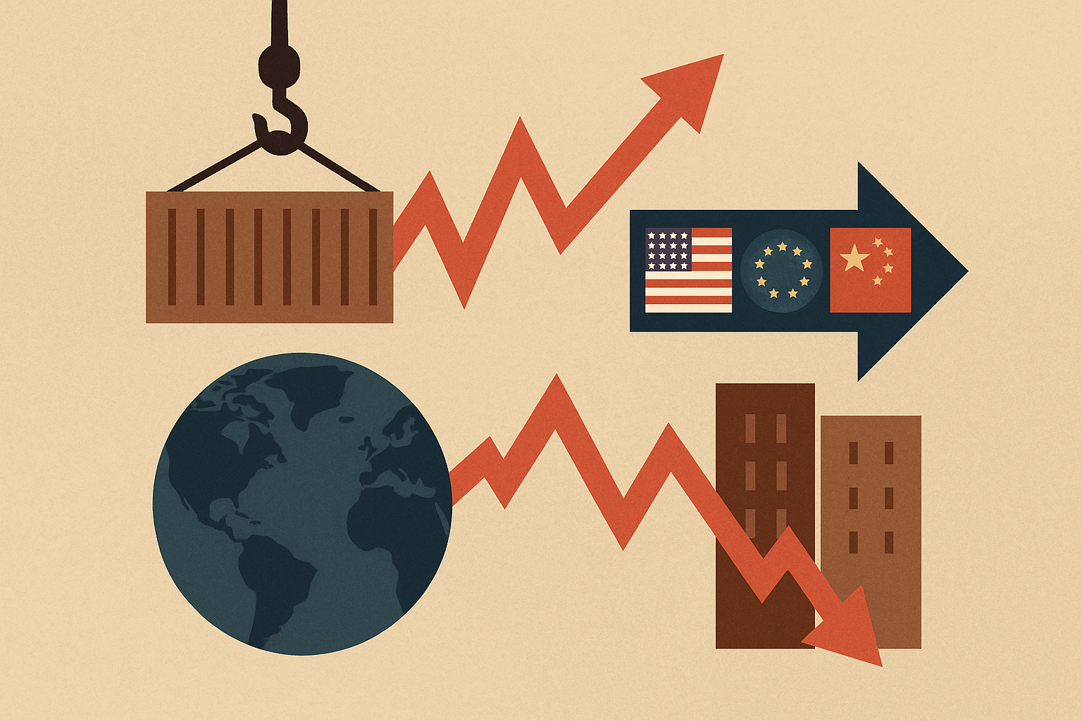 A symbolic illustration of global trade disruption featuring a shipping container, fluctuating stock arrows, flags of major economies, and a globe, set against a neutral textured background.
