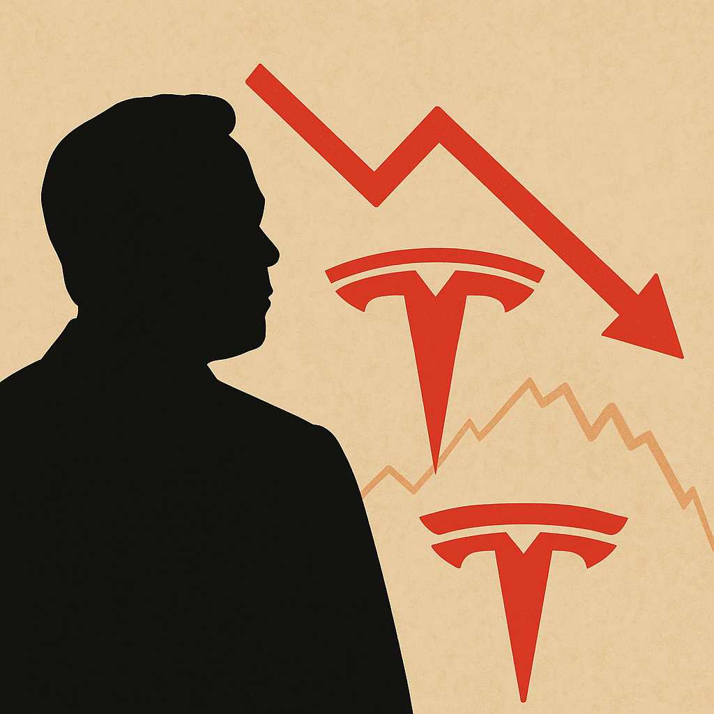 Silhouette of a man in a suit beside two red Tesla logos and a downward-trending red arrow, symbolizing market decline, all set against a textured beige background.