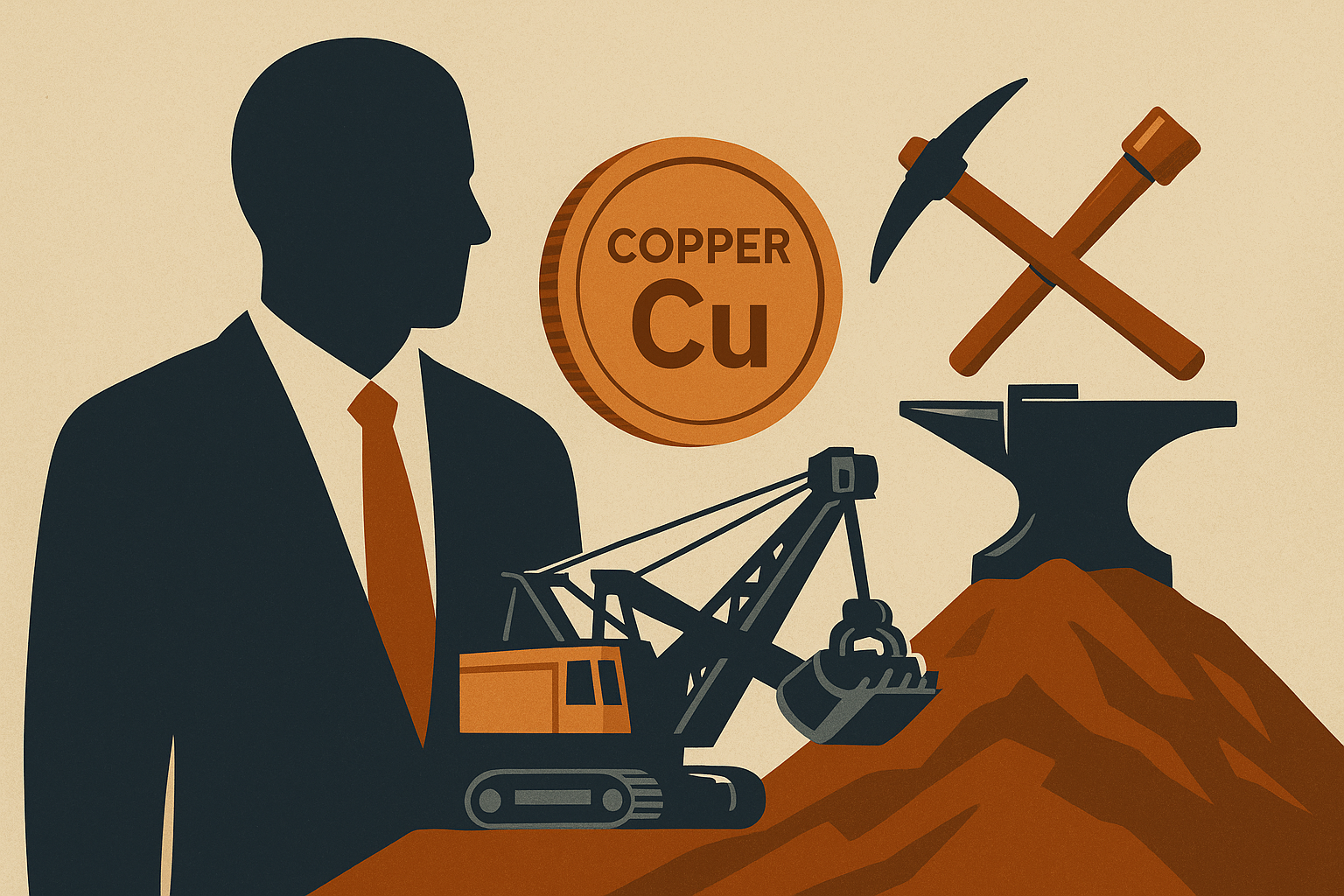 Flat illustration of a business executive silhouette beside a copper coin marked “Cu,” a mining excavator, pickaxe, and anvil, all set against a beige background.