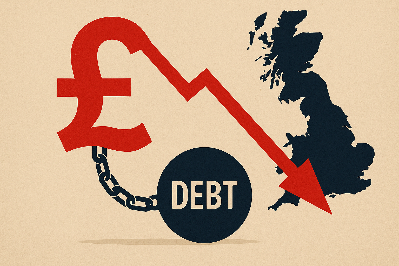 Flat illustration of a large red pound symbol chained to a black ball labeled “DEBT,” with a downward red arrow pointing across a dark map of the UK on a beige background.