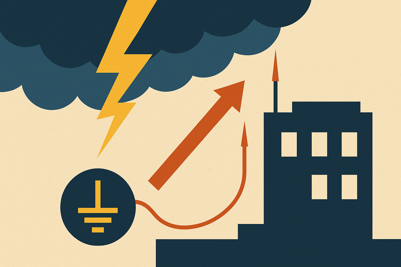 A flat vector illustration of a building with a rooftop lightning rod connected to a grounding system, set beneath a yellow lightning bolt and dark storm clouds, all on a beige background.
