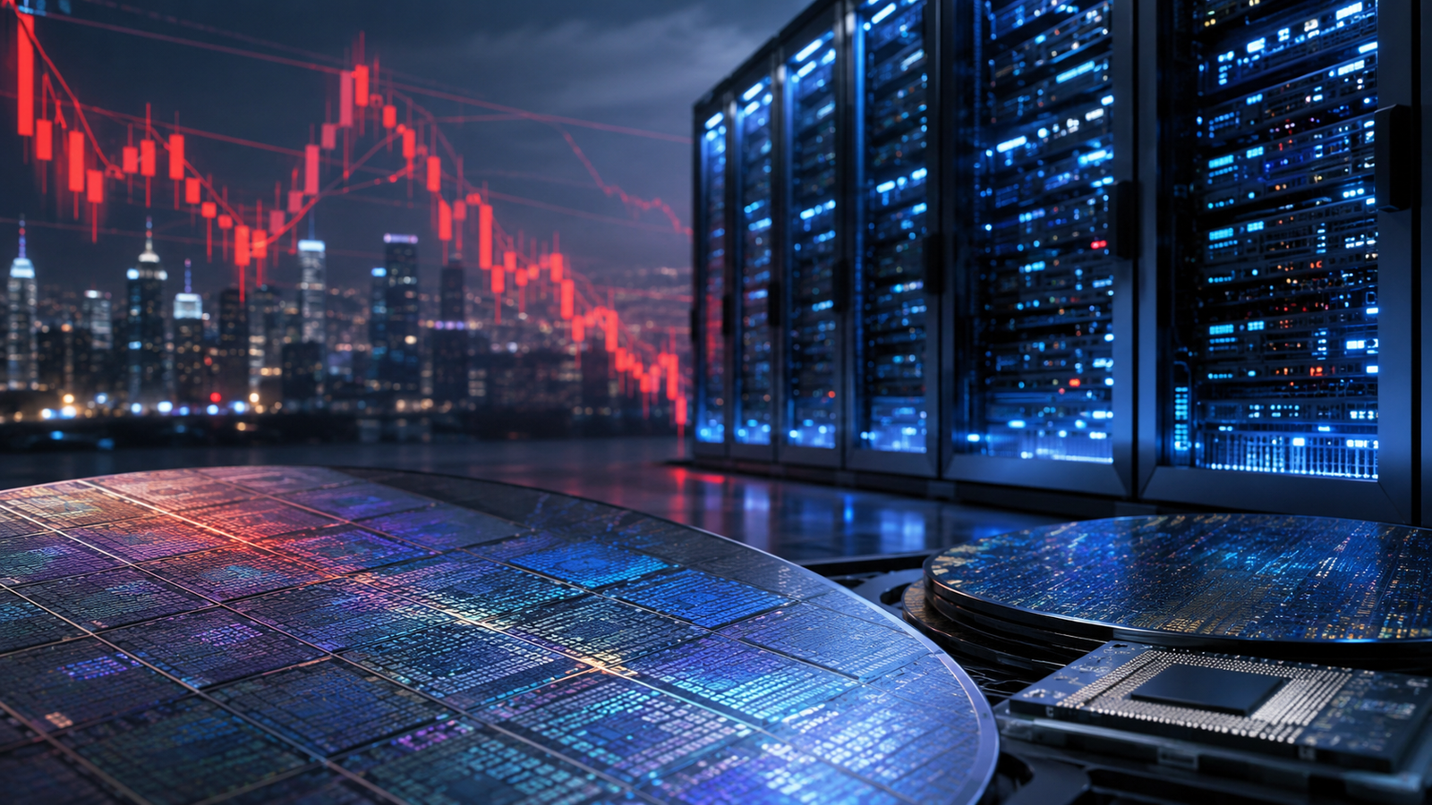 Semiconductor wafers and AI data-center servers with red falling market-chart overlays, symbolizing pressure on high-valuation chip stocks.