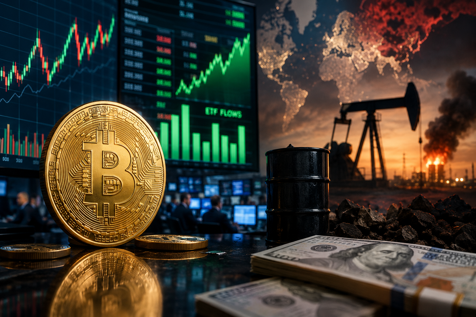A gold Bitcoin coin in front of trading screens showing market charts, with oil-market imagery and global risk visuals in the background.