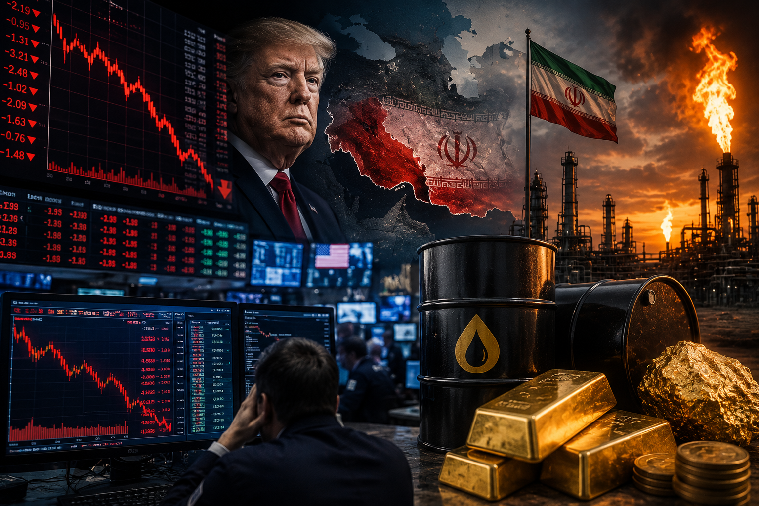 A tense financial market scene with falling stock charts, oil barrels, refinery flames, gold bars, and U.S.-Iran geopolitical imagery symbolizing risk-off trading.