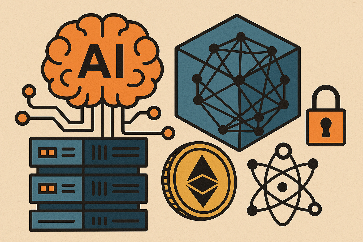Illustration of a brain-shaped AI chip connected to servers, a quantum network cube, Ethereum coin, padlock, and atomic symbol on a beige background.