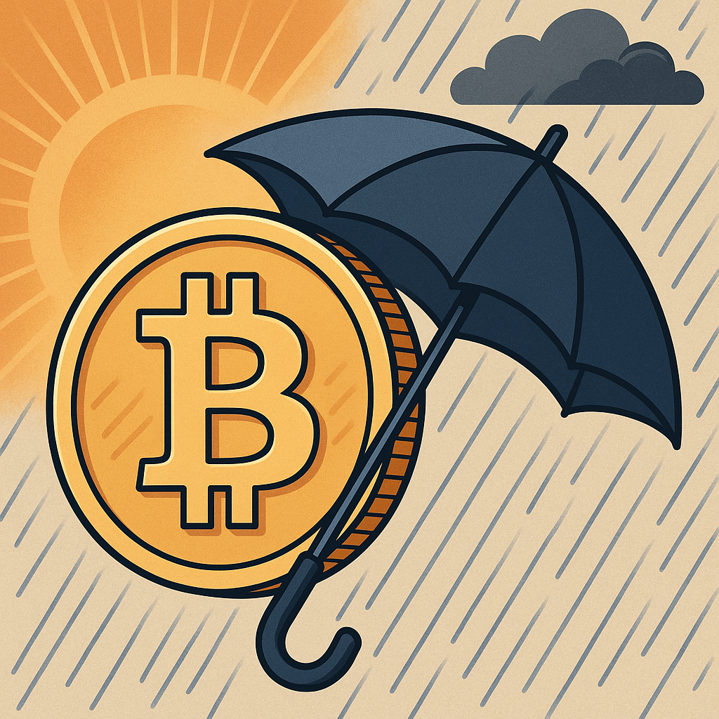 Illustration of a golden Bitcoin coin shielded by a dark umbrella from gray rain, with a bright sunburst in the background.
