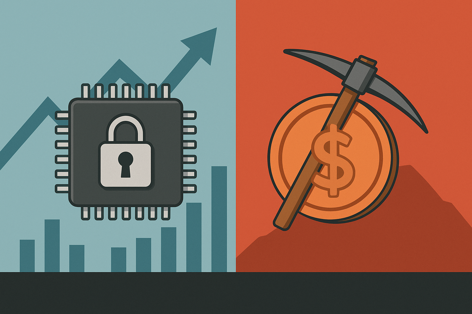 A split illustration showing a secure microchip on the left and a copper coin with a pickaxe on the right, symbolizing trade tensions between technology and mining sectors.