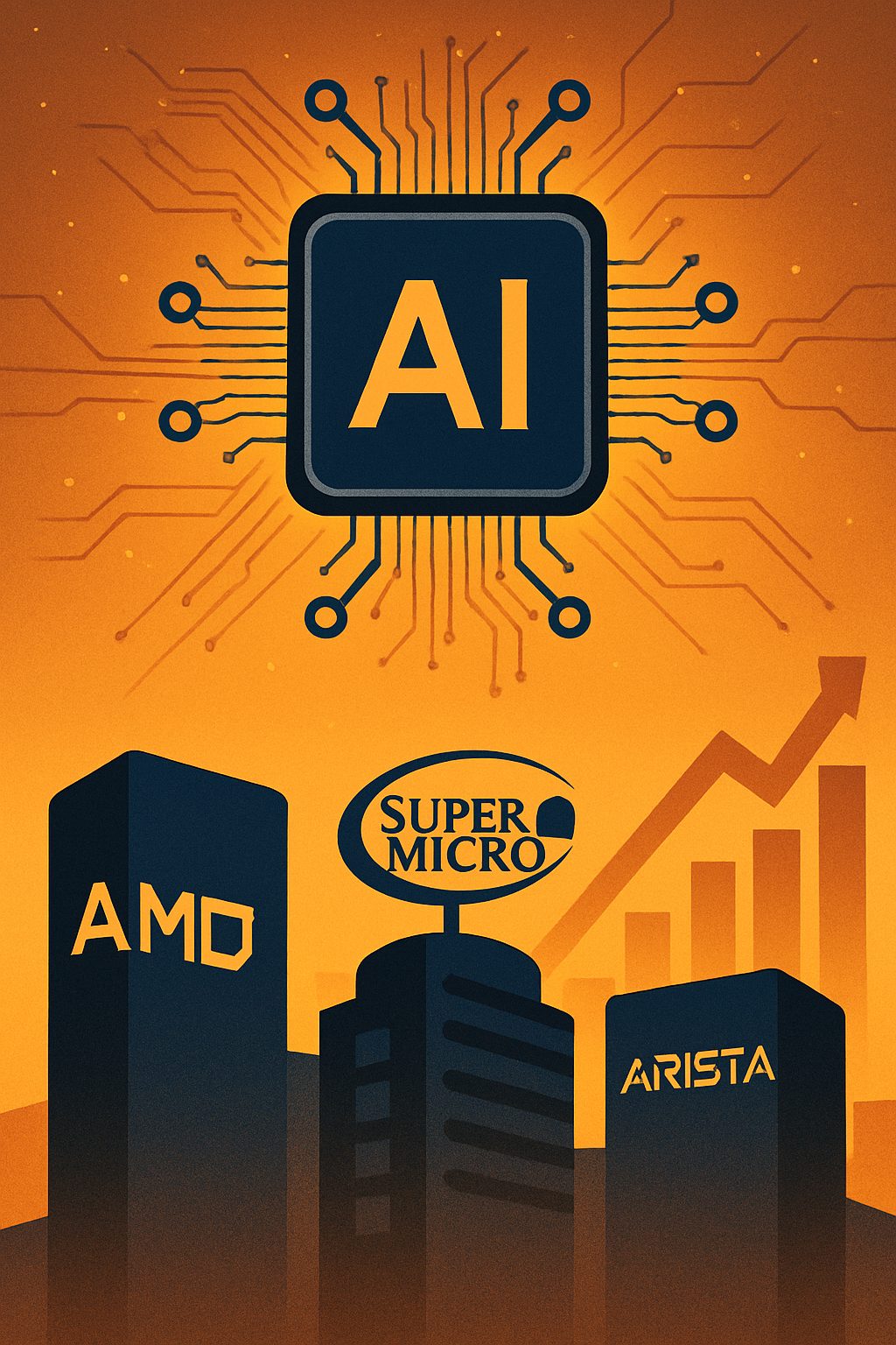 A digital illustration showing a glowing AI microchip above silhouettes of tech buildings labeled AMD, Super Micro, and Arista, with rising bar graphs in the background.