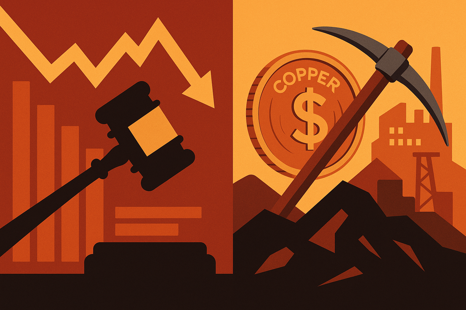 A split digital illustration showing a gavel and falling bar chart on the left, and a copper coin, pickaxe, and mining facility on the right.