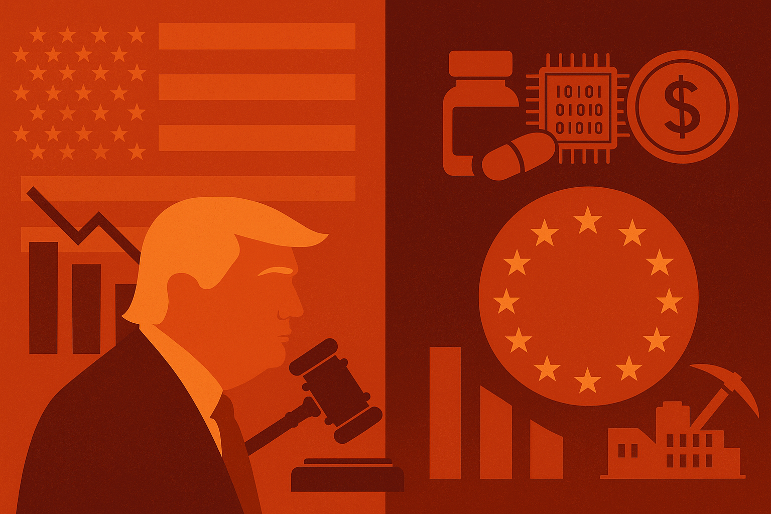 A split-screen illustration with Donald Trump, a gavel, and a falling chart on the U.S. side, and the EU flag surrounded by icons for pharmaceuticals, semiconductors, and mining on the European side.