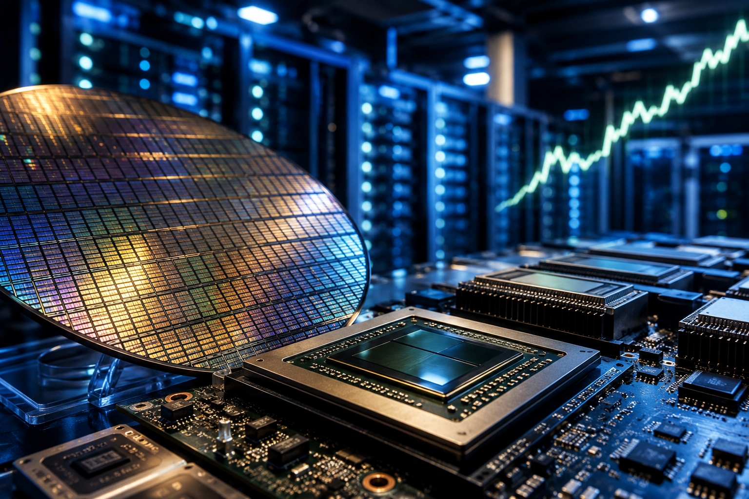 A photorealistic semiconductor wafer and advanced AI chip sit in front of glowing data center servers with an upward market line in the background.
