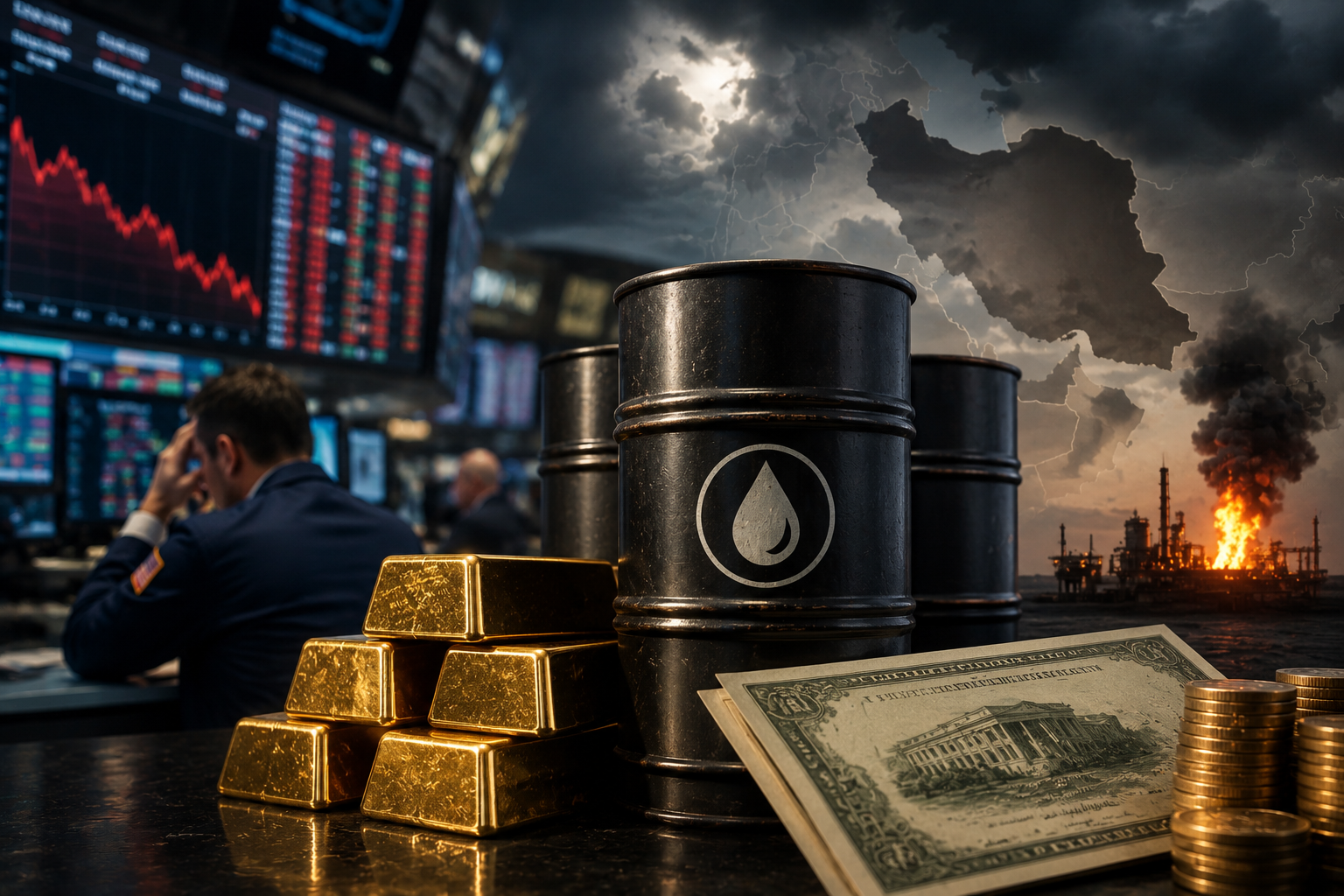 Oil barrels, gold bars, Treasury-style bonds, and trading screens appear in a tense market scene with storm clouds and Middle East conflict imagery in the background.