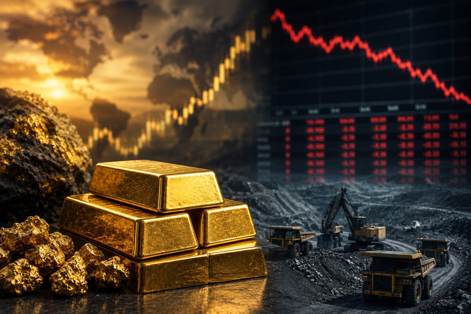 Gold bars and raw gold nuggets appear beside a mining site, with a rising gold chart and falling stock market board in the background.