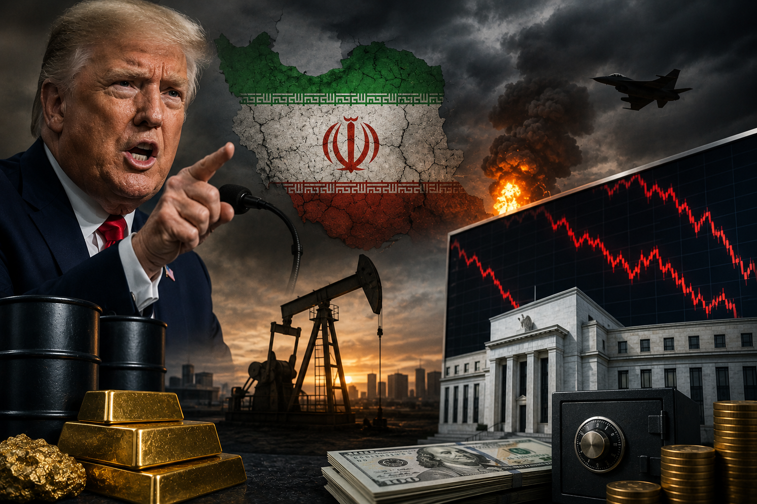 A tense geopolitical market scene shows oil barrels, gold bars, a falling stock chart, a central bank building, and Middle East conflict imagery under storm clouds.