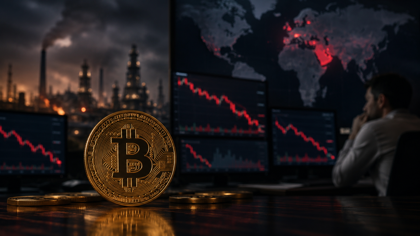 A gold Bitcoin coin in front of falling red market charts, a world map highlighting the Middle East, and a tense trading desk scene.