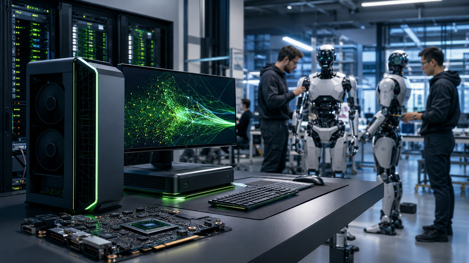 Photorealistic image of an advanced AI workstation with green-lit hardware in a technology lab, with engineers testing humanoid robots near server racks in the background.