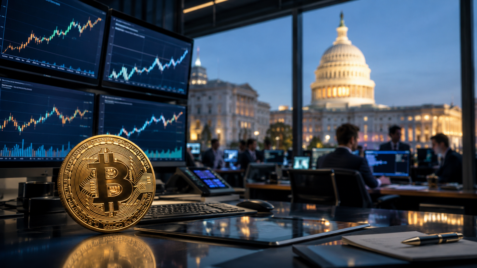 Photorealistic image of a gold Bitcoin coin on an institutional trading desk, with market charts on monitors and the U.S. Capitol visible through office windows in the background.