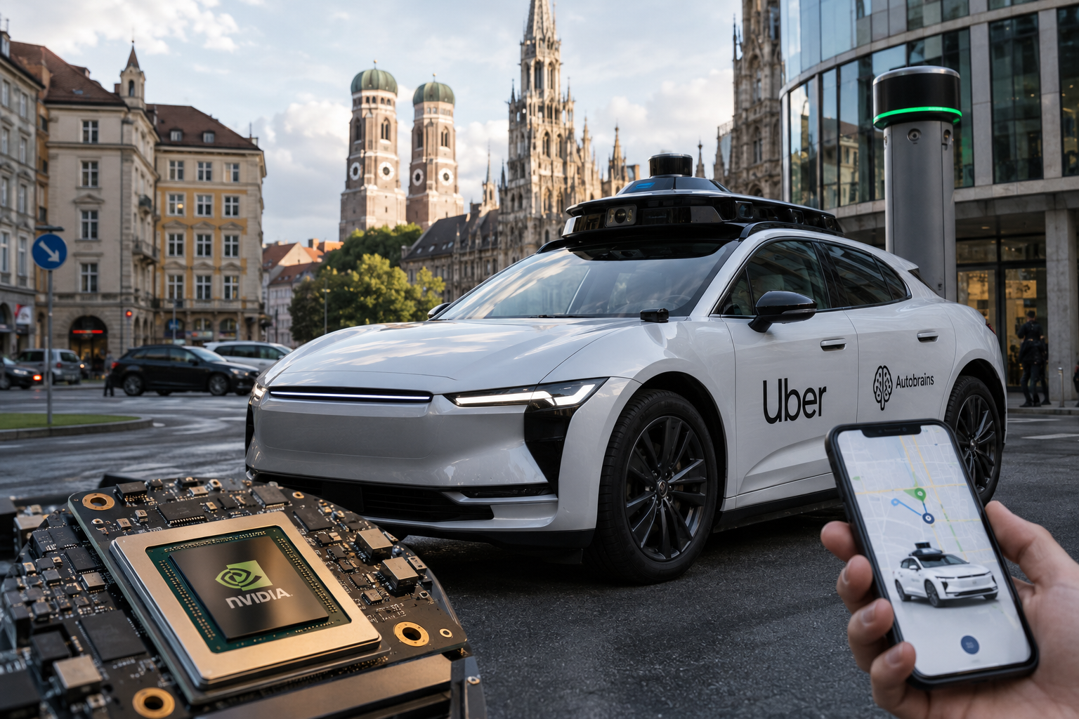 Photorealistic image of an autonomous vehicle on a Munich street with sensors mounted on the roof, a ride-hailing app visible on a smartphone, and AI chip hardware in the foreground.