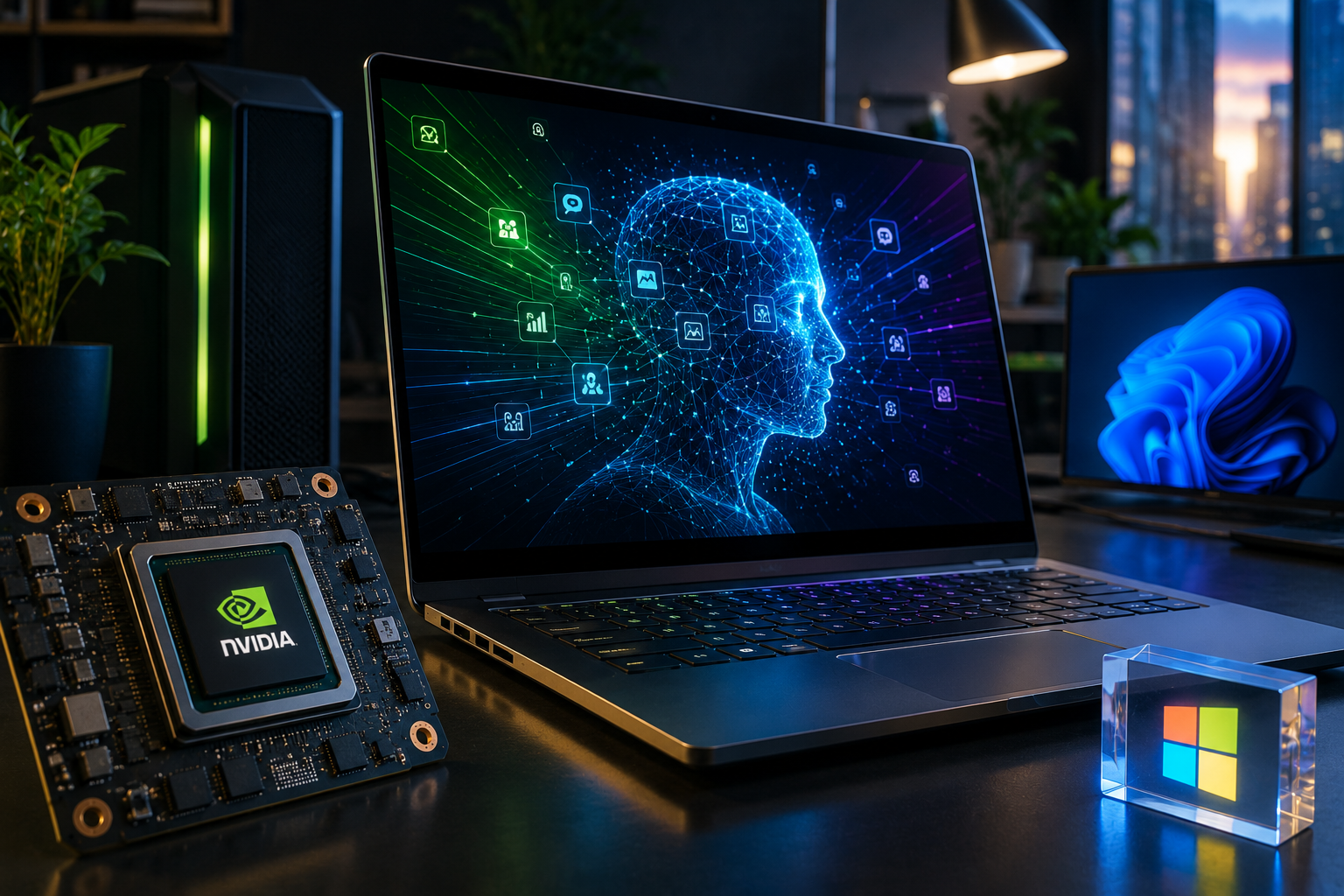 Photorealistic image of a modern AI laptop on a desk with glowing neural-network visuals, advanced semiconductor hardware, and a Microsoft-inspired device in a high-tech office setting.