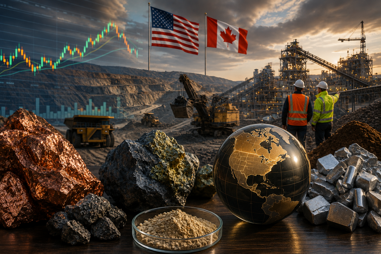 Photorealistic image of a large open-pit mine with heavy equipment, U.S. and Canadian flags, raw minerals in the foreground, and a subtle financial chart overlay symbolizing rising mining stocks.