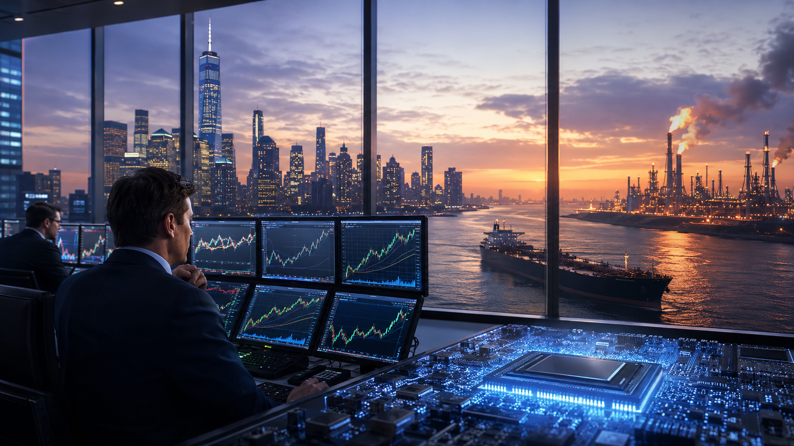 Photorealistic image of traders monitoring rising stock charts in a New York trading room, with a glowing AI semiconductor in the foreground and oil refinery flames visible beyond the city skyline.