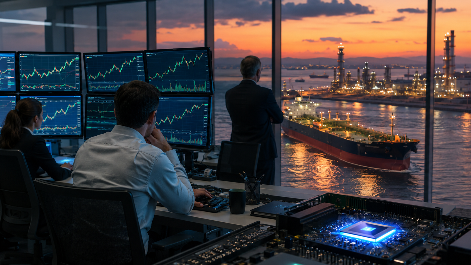 Photorealistic image of global market traders watching rising stock charts in a modern office, with an oil tanker and refinery visible through large windows and a glowing AI semiconductor in the foreground.
